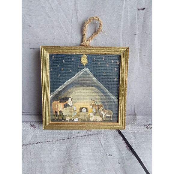 Nativity Manger Wooden Frame Ornament 3x3 - Picture 1 of 4